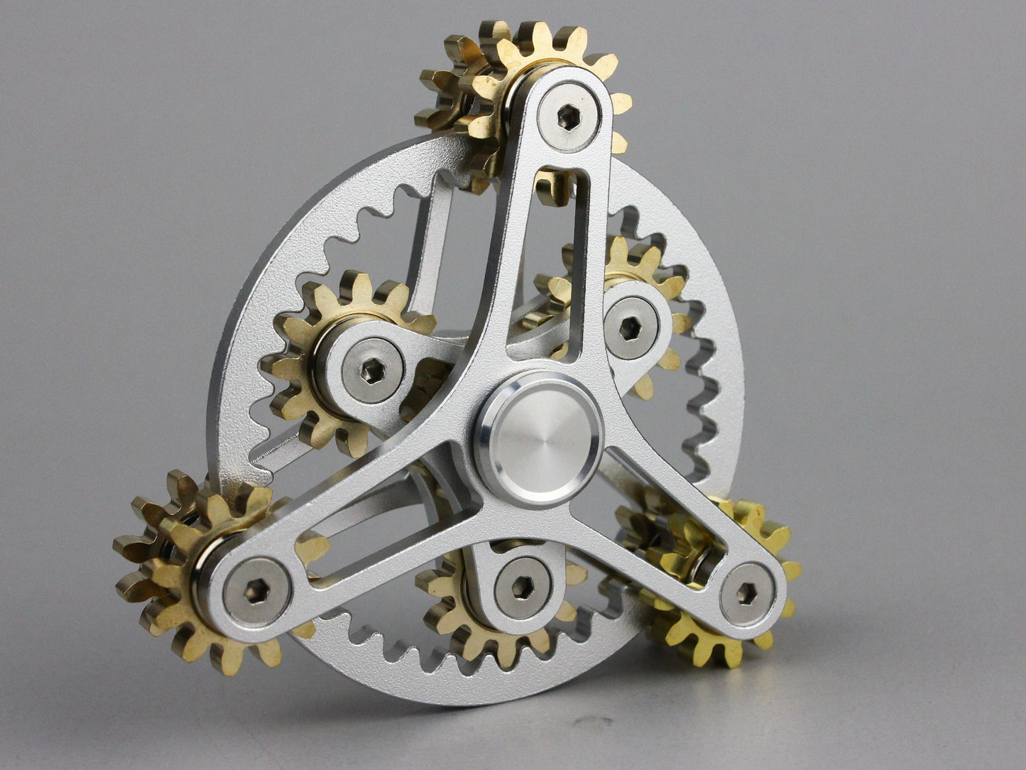 Clockwork - 9 gear fidget spinner, large kinetic cog spinner, black or silver and brass