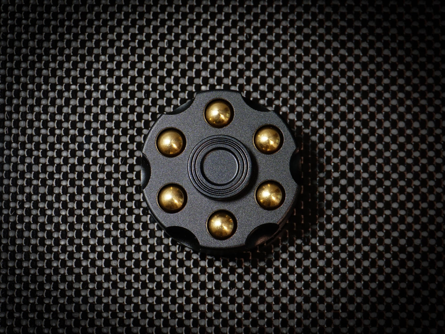 Revolver fidget spinner - brass metal with plated colored finish. Removable weights