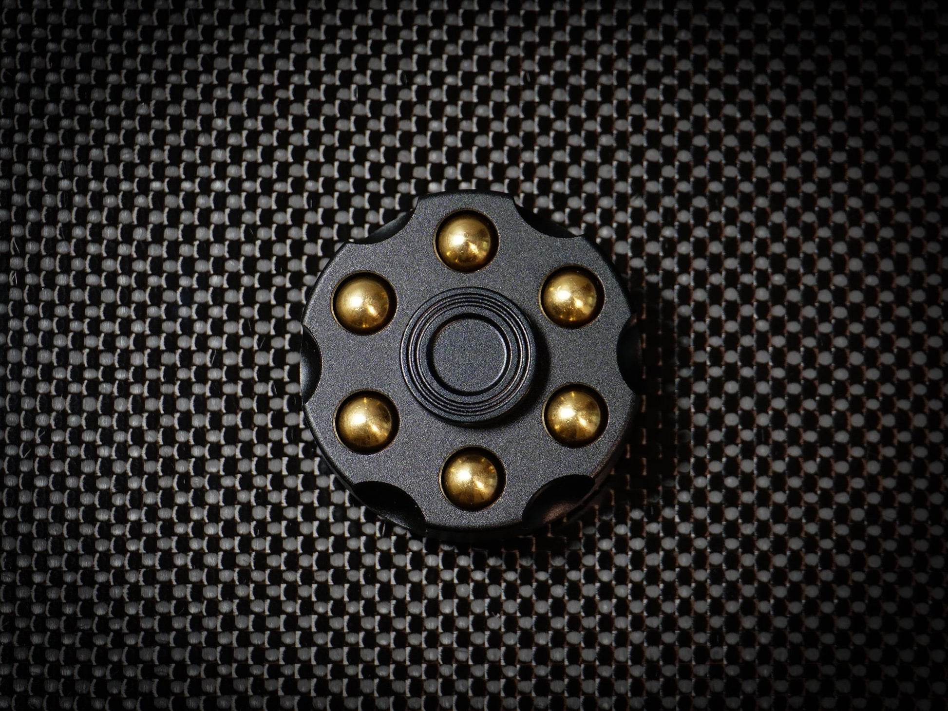 Revolver fidget spinner - brass metal with plated colored finish. Removable weights