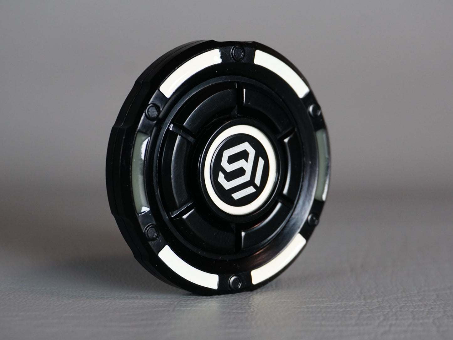 Mecha UFO fidget spinner - round haptic clicker, black glow in the dark spinner