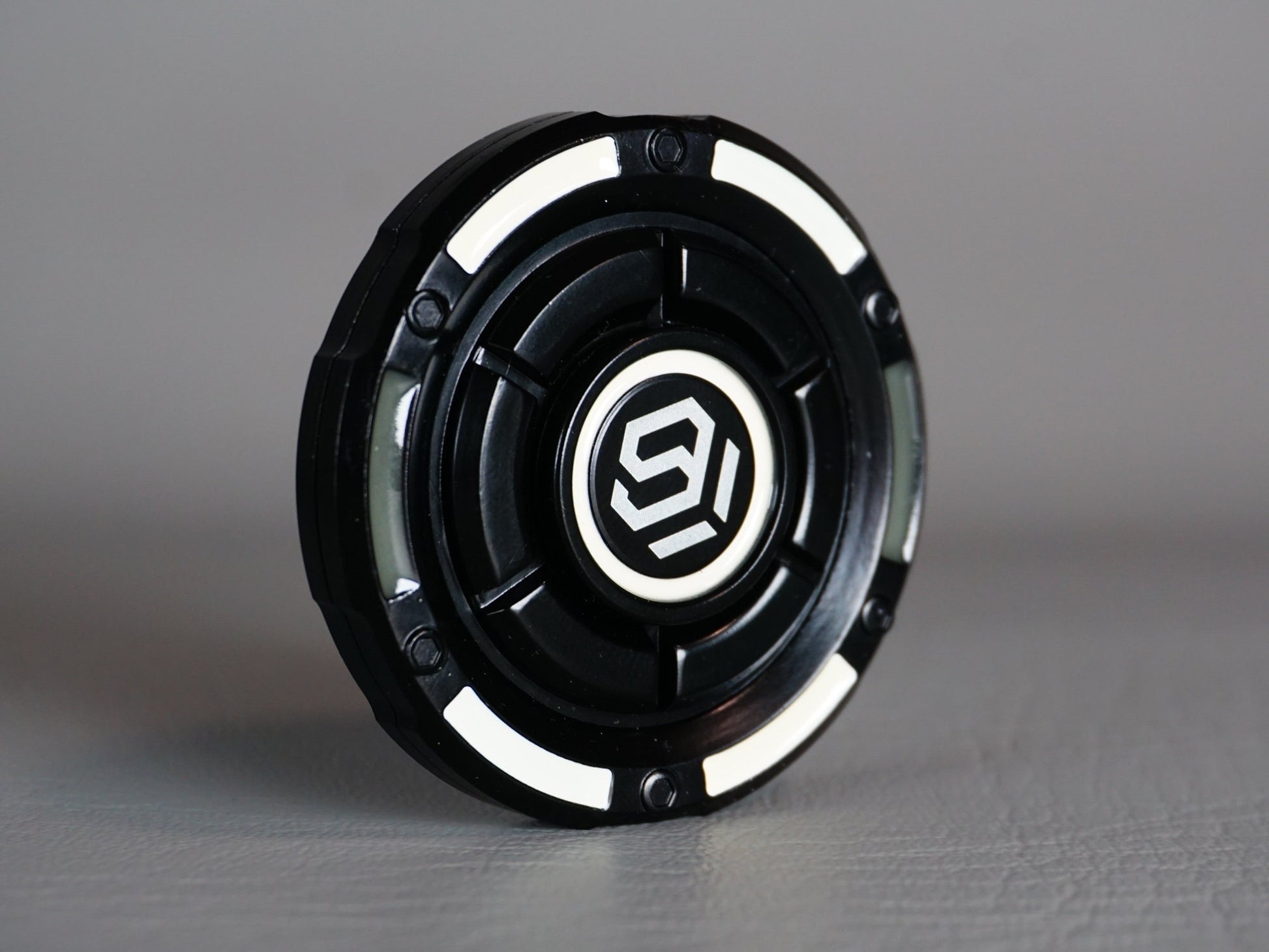 Mecha UFO fidget spinner - round haptic clicker, black glow in the dark spinner