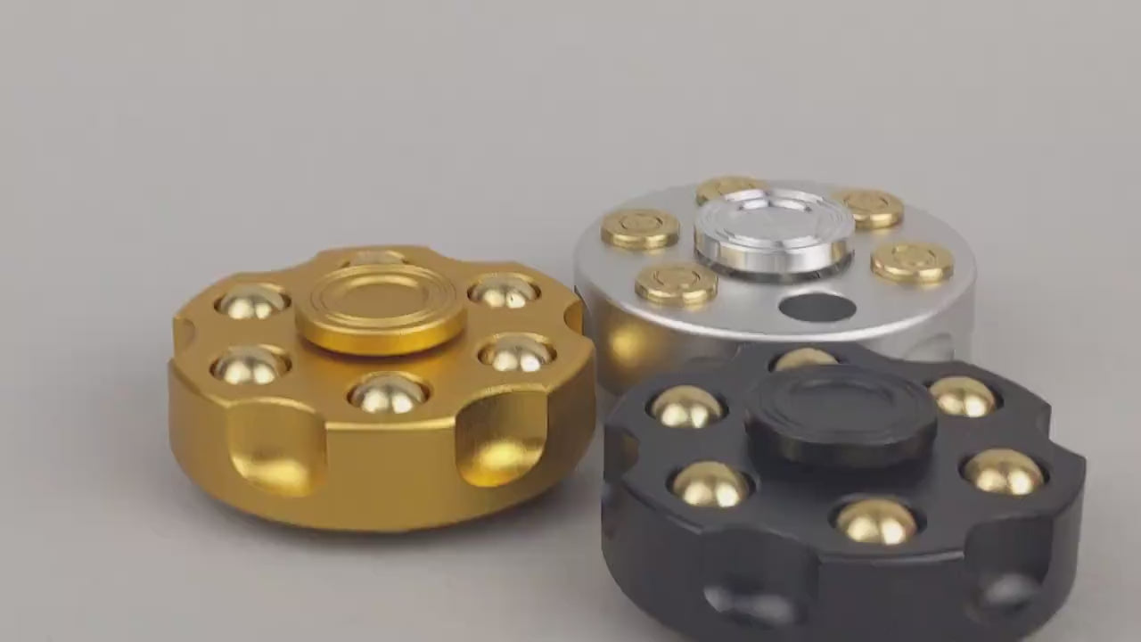 Revolver fidget spinner - brass metal with plated colored finish. Removable weights