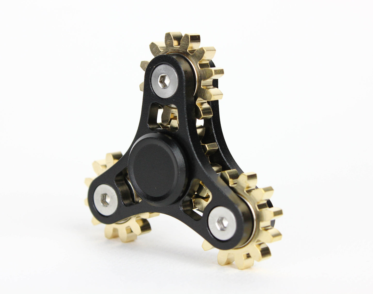 Tri Gear Fidget Spinner - 4 brass cog clockwork style fidget spinner - black brass silver