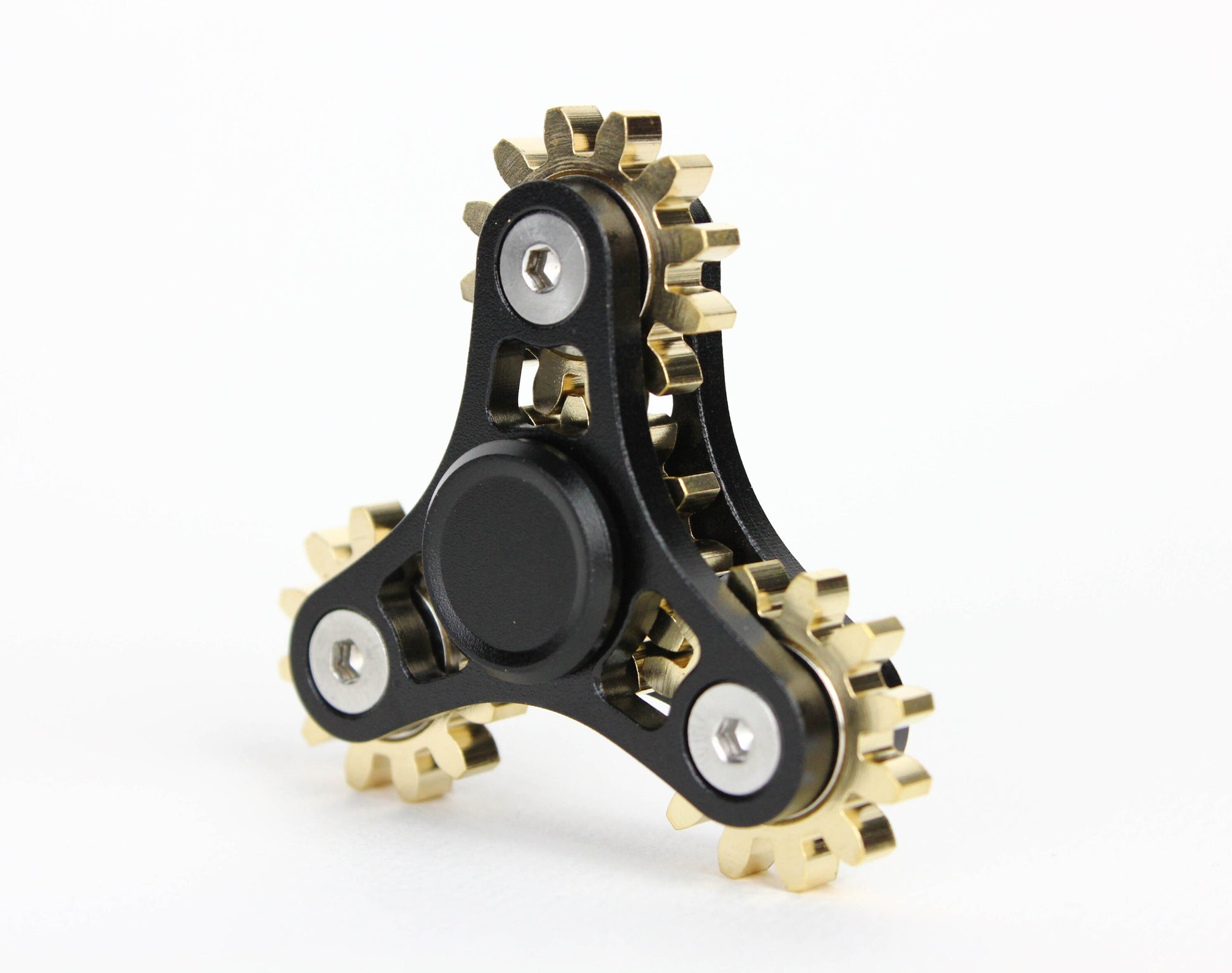 Tri Gear Fidget Spinner - 4 brass cog clockwork style fidget spinner - black brass silver