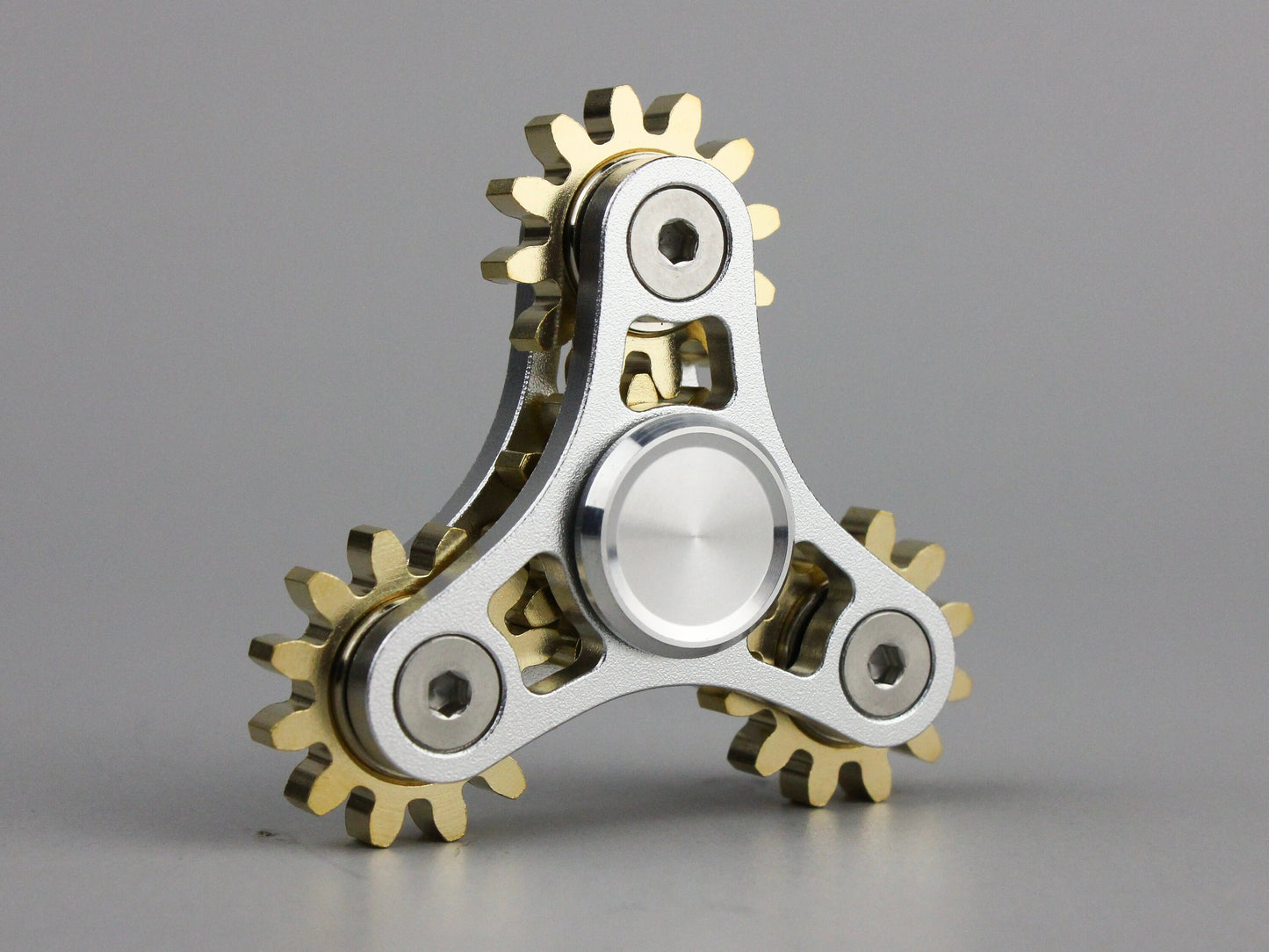 Tri Gear Fidget Spinner - 4 brass cog clockwork style fidget spinner - black brass silver