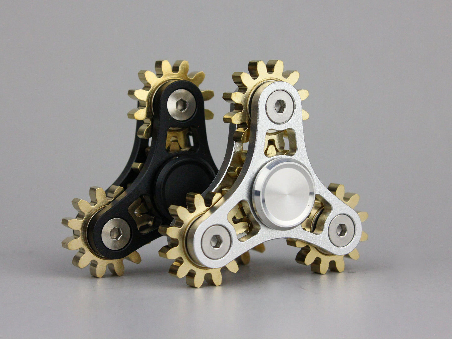 Tri Gear Fidget Spinner - 4 brass cog clockwork style fidget spinner - black brass silver