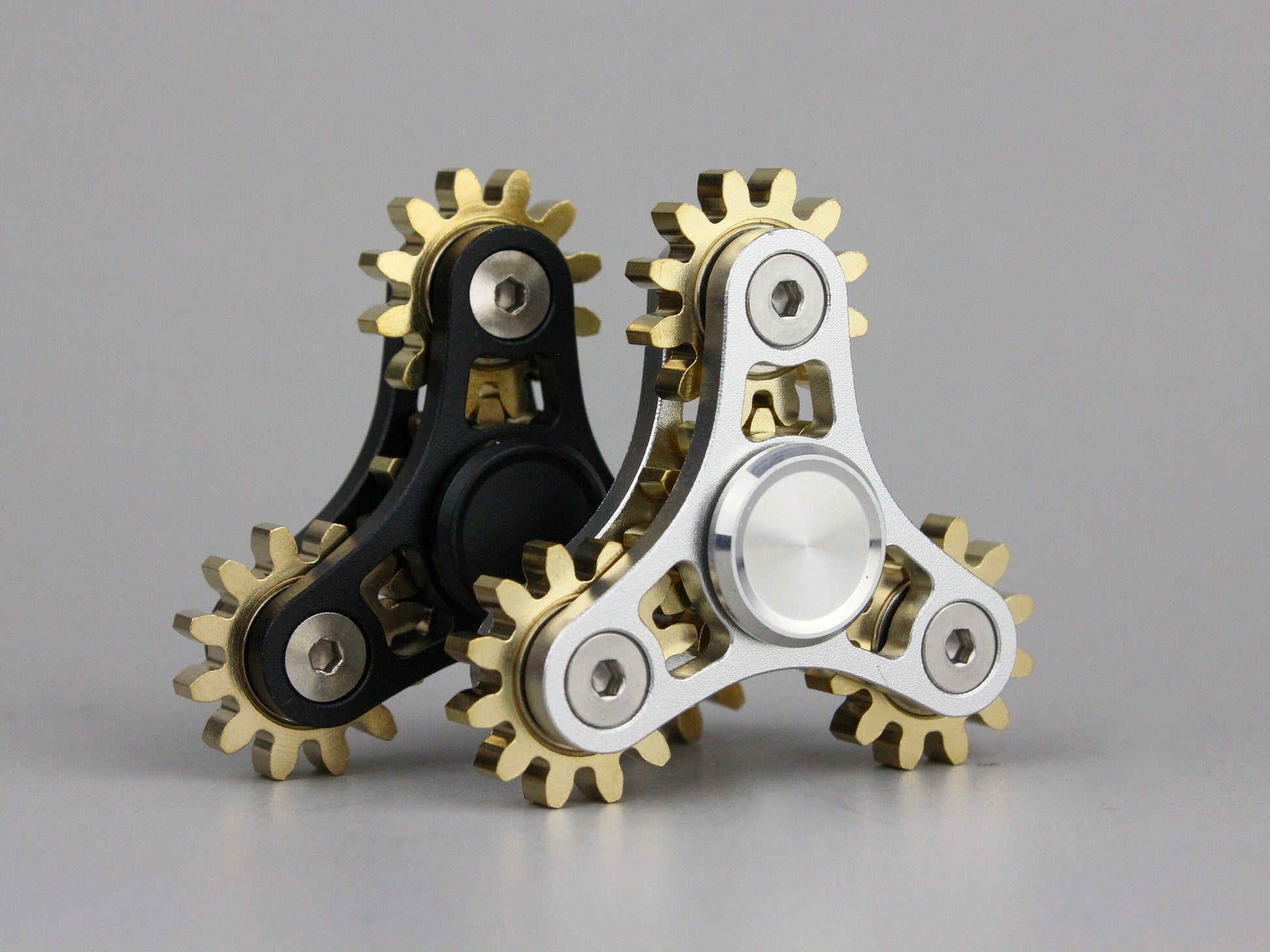 Tri Gear Fidget Spinner - 4 brass cog clockwork style fidget spinner - black brass silver