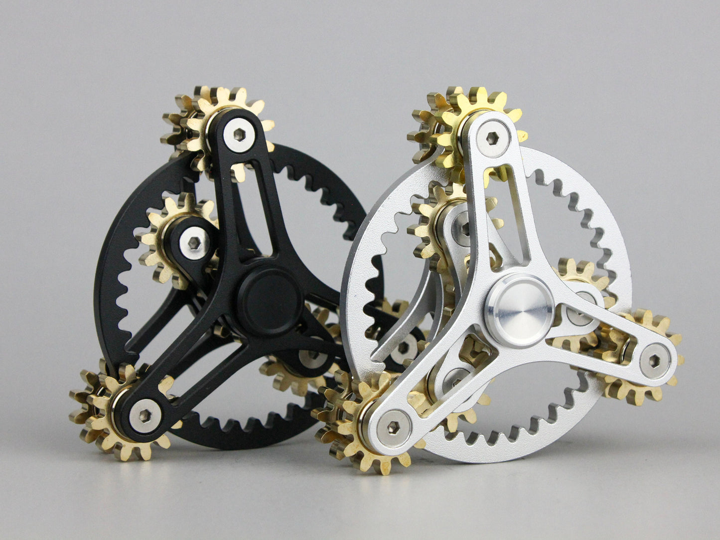 Clockwork - 9 gear fidget spinner, large kinetic cog spinner, black or silver and brass