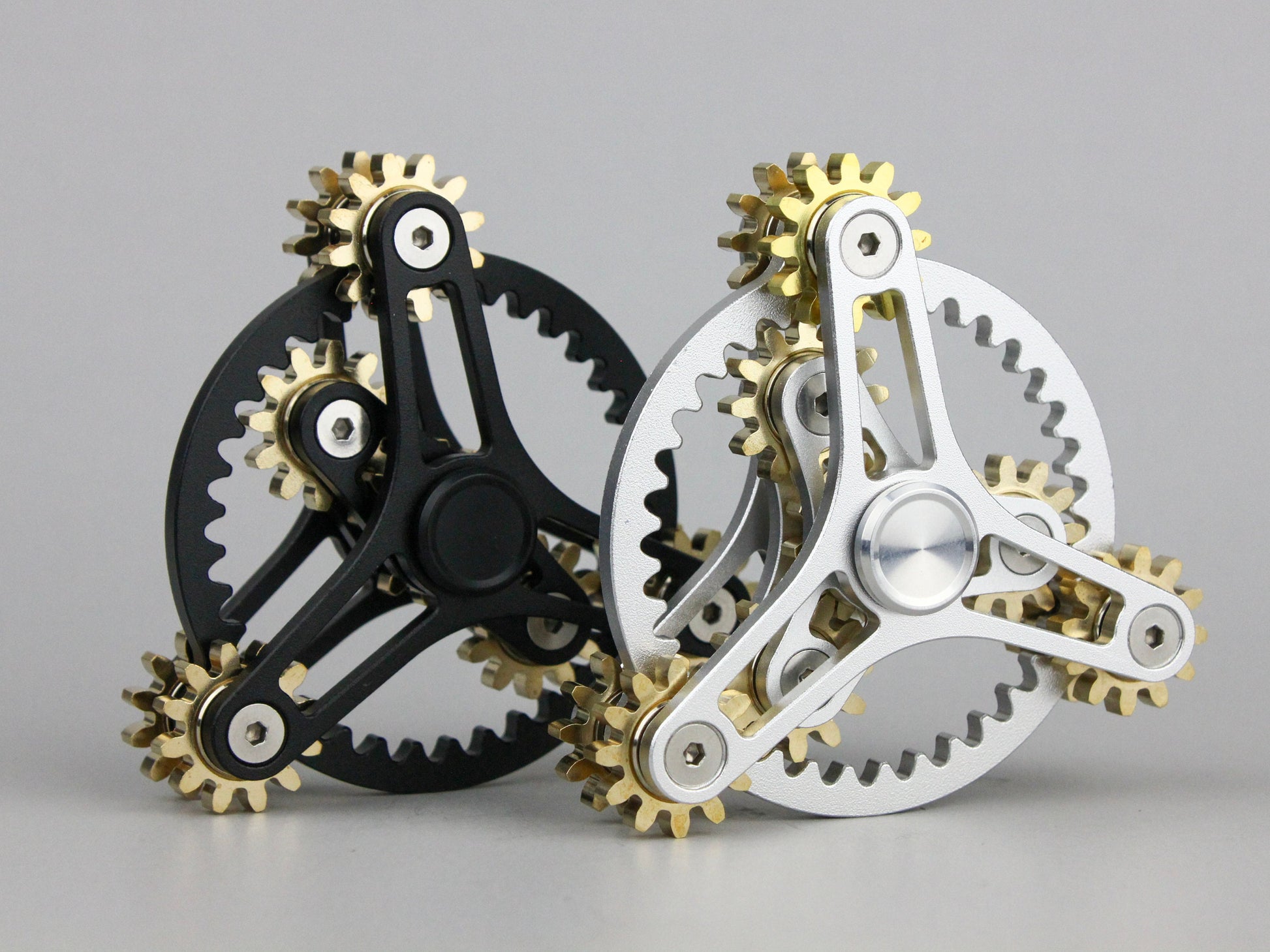 Clockwork - 9 gear fidget spinner, large kinetic cog spinner, black or silver and brass