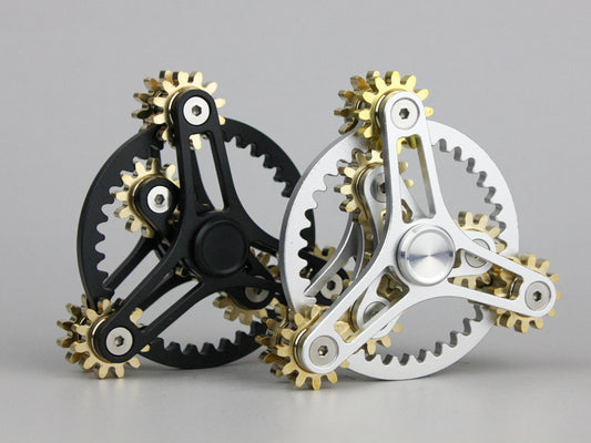 Clockwork - 9 gear fidget spinner, large kinetic cog spinner, black or silver and brass