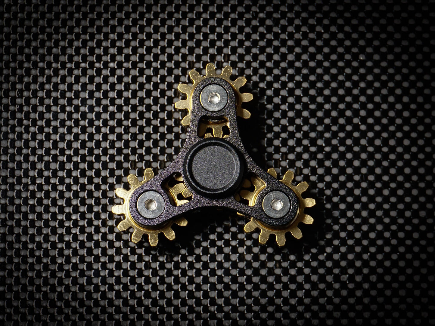 Tri Gear Fidget Spinner - 4 brass cog clockwork style fidget spinner - black brass silver