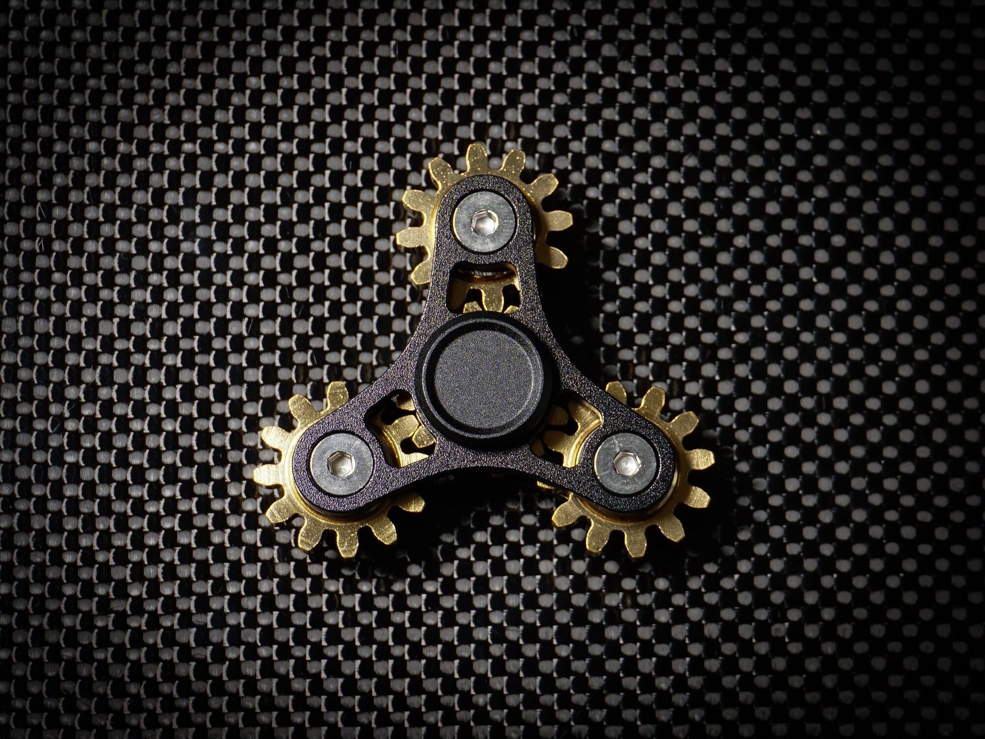 Tri Gear Fidget Spinner - 4 brass cog clockwork style fidget spinner - black brass silver