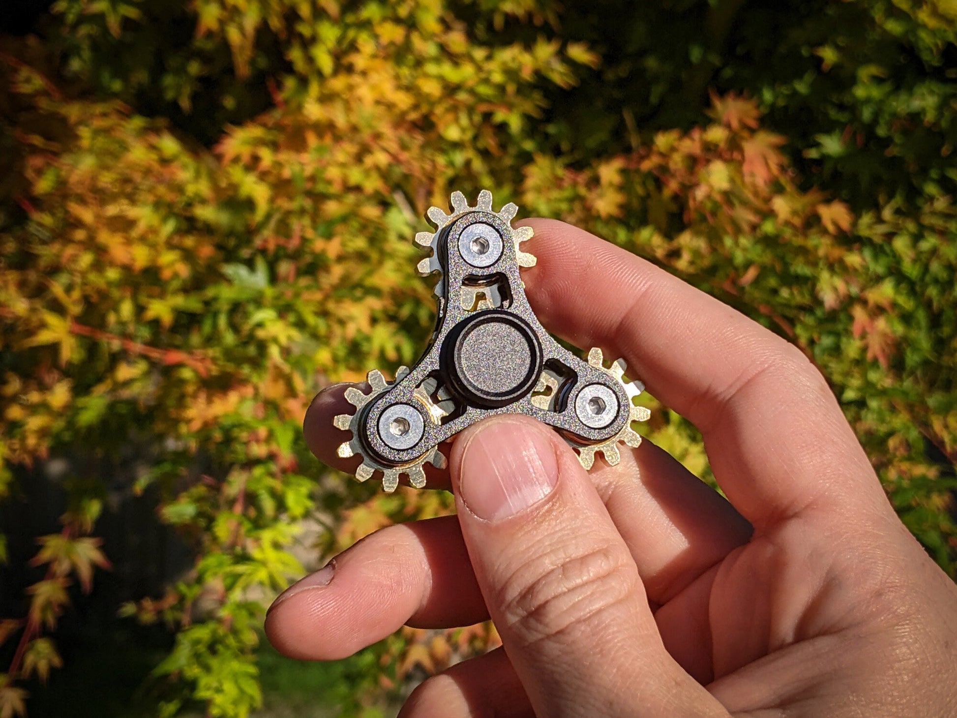Tri Gear Fidget Spinner - 4 brass cog clockwork style fidget spinner - black brass silver