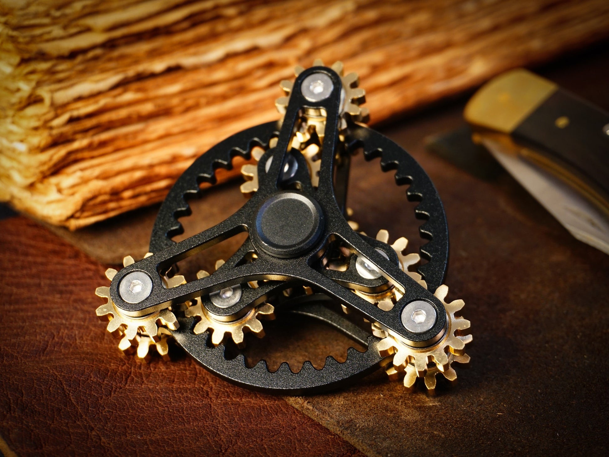 Clockwork - 9 gear fidget spinner, large kinetic cog spinner, black or silver and brass