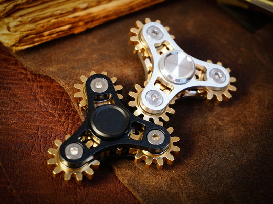 Tri Gear Fidget Spinner - 4 brass cog clockwork style fidget spinner - black brass silver