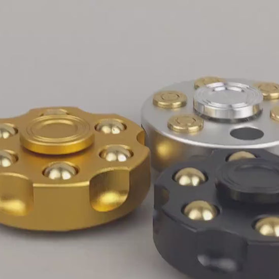 Revolver fidget spinner - brass metal with plated colored finish. Removable weights