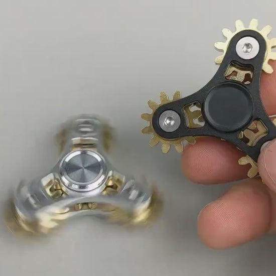 Tri Gear Fidget Spinner - 4 brass cog clockwork style fidget spinner - black brass silver
