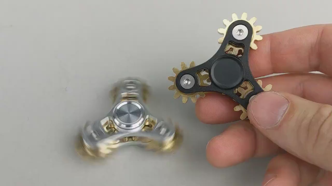 Tri Gear Fidget Spinner - 4 brass cog clockwork style fidget spinner - black brass silver